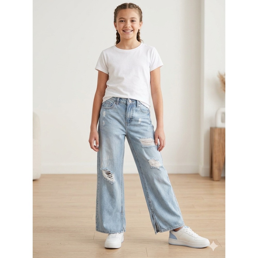 Jessica Simpson Girls Wide Leg Distressed Jeans Light Wash Ripped Size 12 Denim